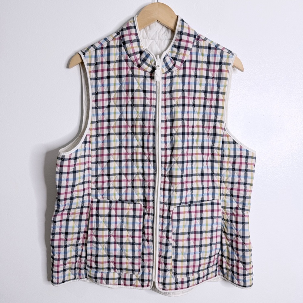 Talbots Reversible Diamond Quilted Vest‎ Plaid White Medium w/ Pockets Preppy